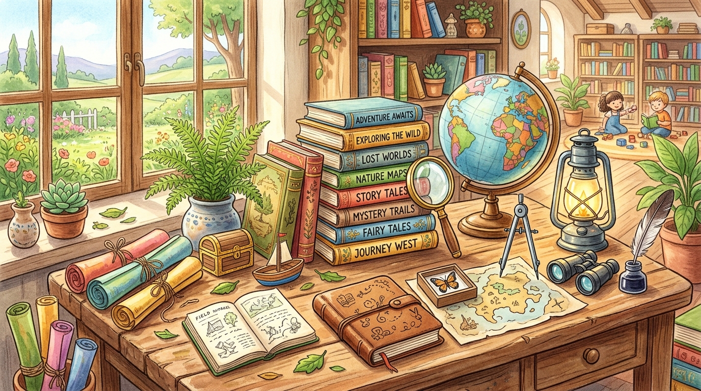 Gemütlicher Forschertisch mit Büchern, Globus, Notizbuch und Forscherlupe